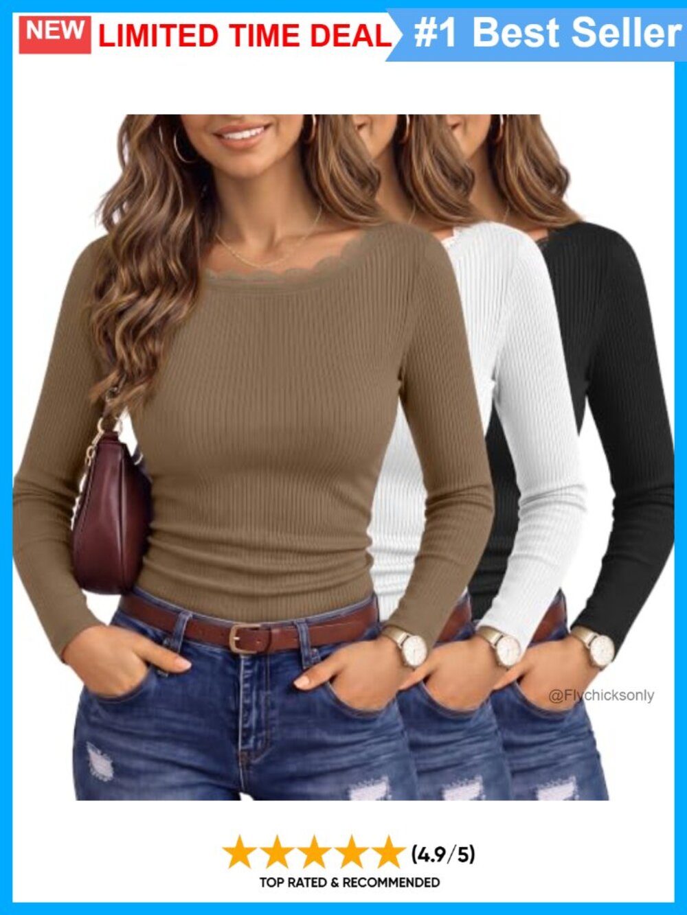 Mellipop 3 Pack Women's Ribbed Long Sleeve Lace Neck Fitted Top